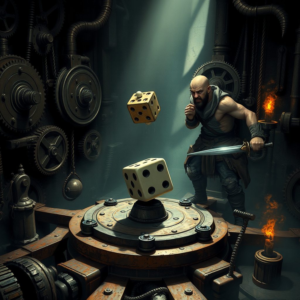 Giant glowing dice resting among clockwork gears