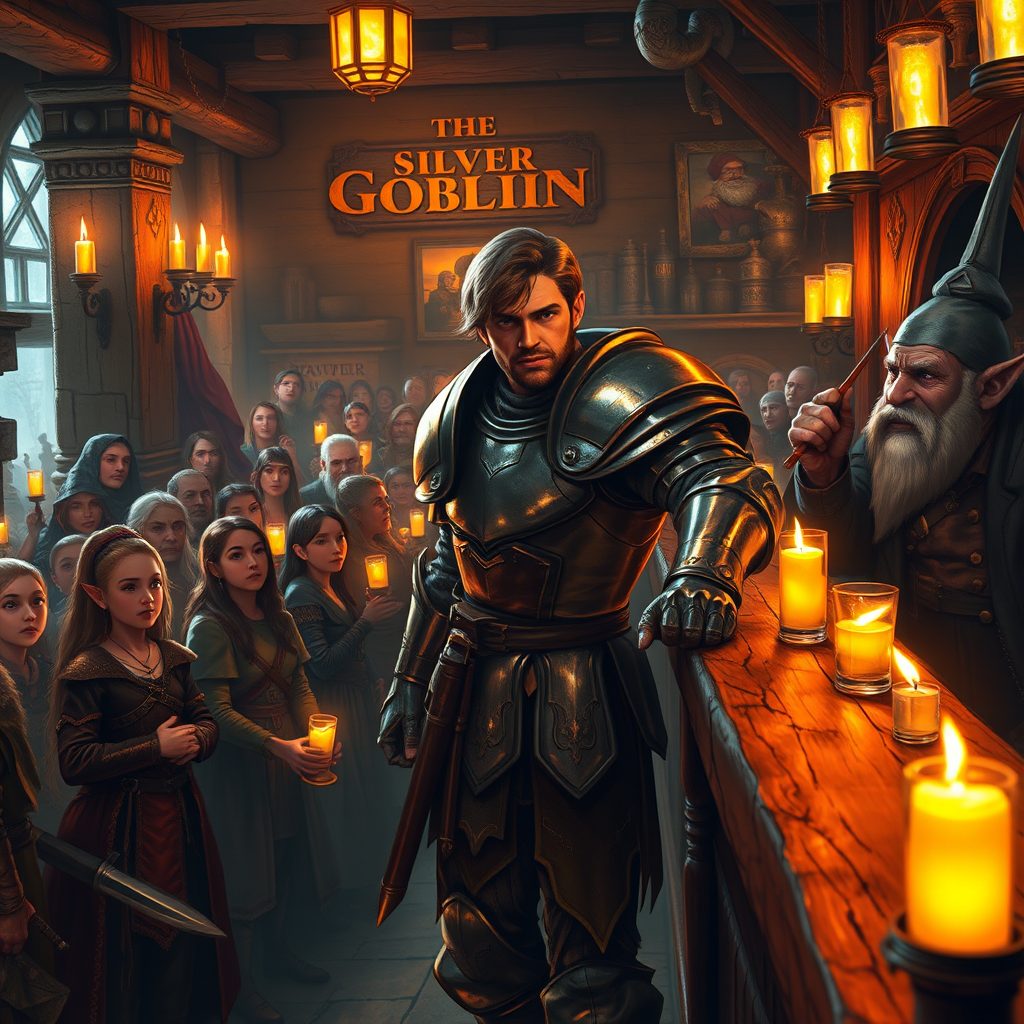 A crowded tavern under a goblin sign, an armored hero in front