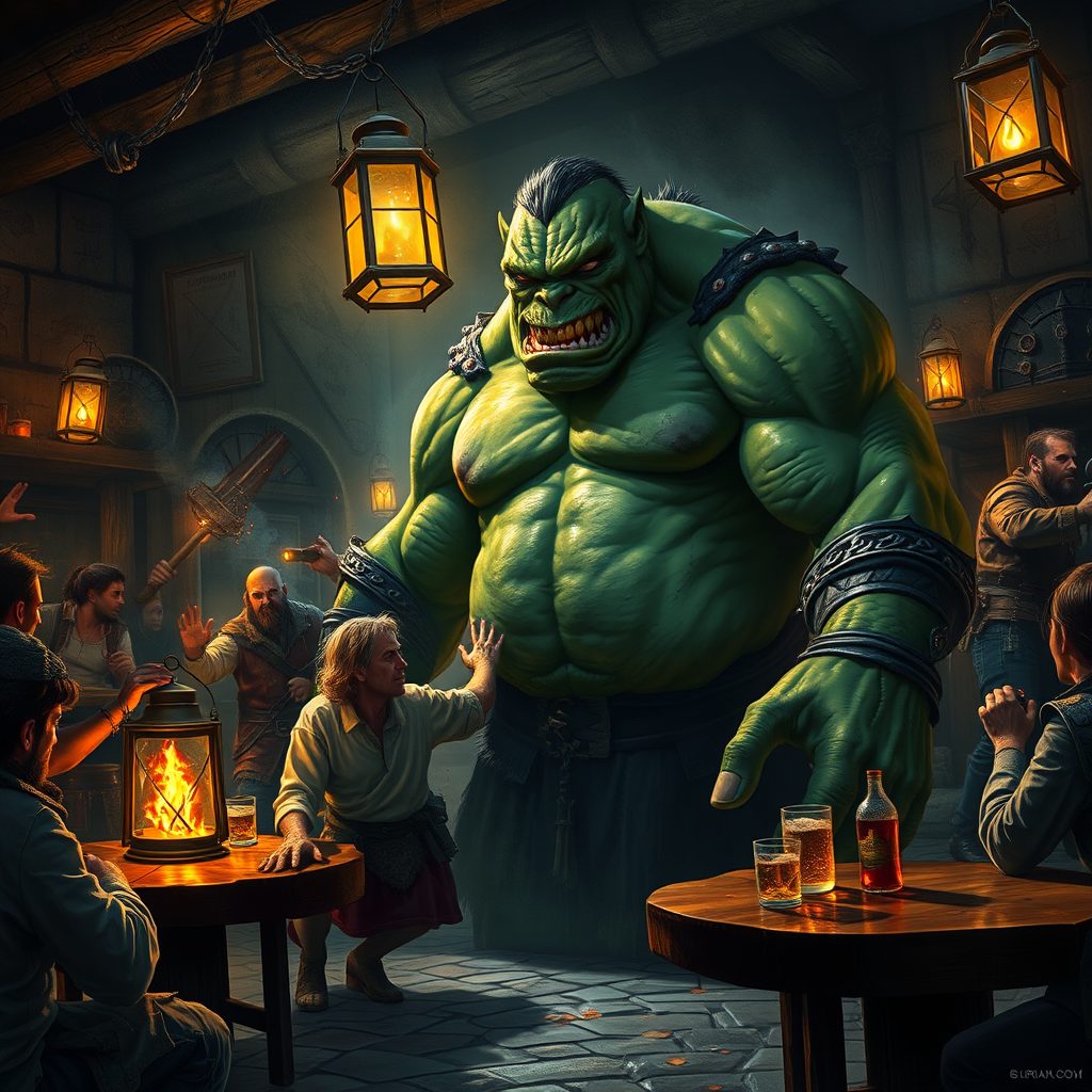 A huge green ogre in a lantern-lit tavern, mid arm-wrestle